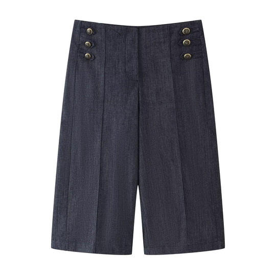 Damen Hochtaillierte Culotte-Hose im Matrosenstil mit Zierknopfleiste Nord Taschen