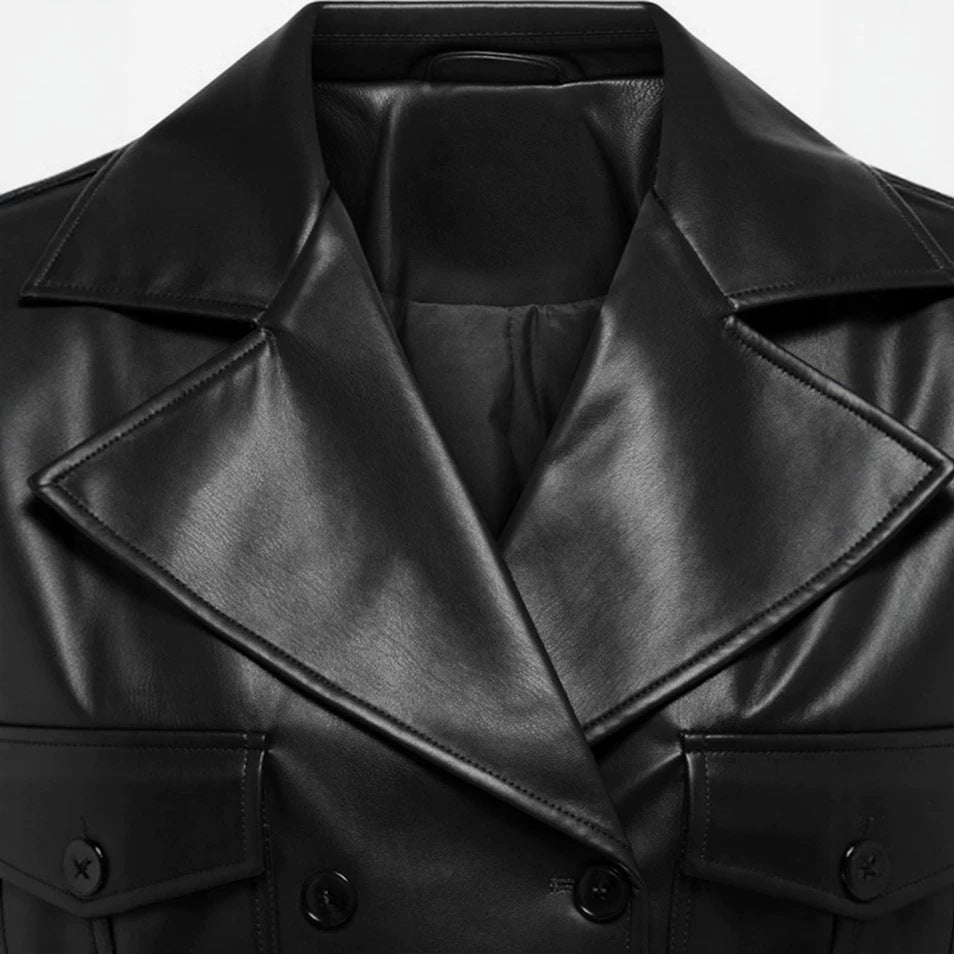 Damen kurz geschnittene Doppelreihige Lederjacke mit breitem Revers Nord Taschen