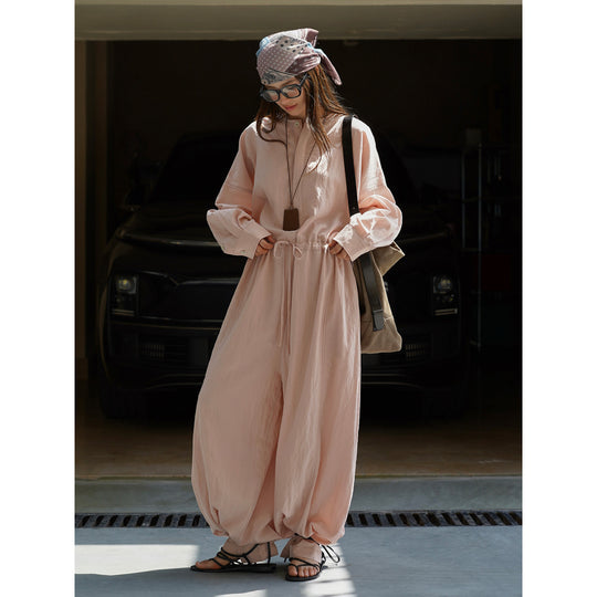 Damen Weites Baumwoll‑Mix Jumpsuit mit Tunnelzug und Ballonärmeln Nord Taschen