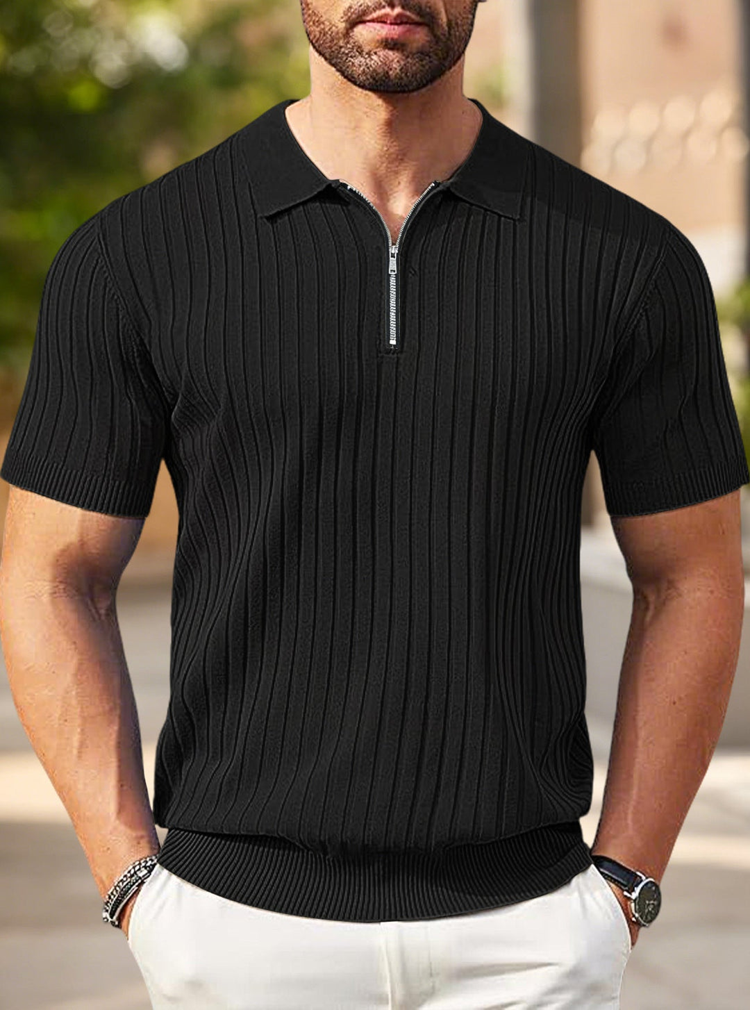 Herren nan elegantes strukturiertes Kurzarm-Strickpolo mit kurzem Metallreißverschluss und Hemdkragen