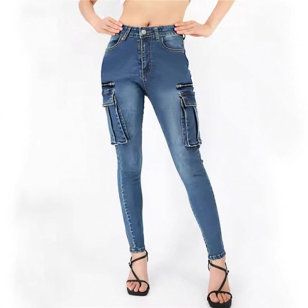 Damen High‑Waist Slim‑Cargo‑Jeans mit Klappentaschen und Reißverschluss-Details Nord Taschen