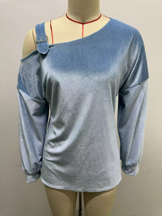 Damen Samt-Sweatshirt mit asymmetrischem Carmen-Ausschnitt und Zierschnalle Nord Taschen