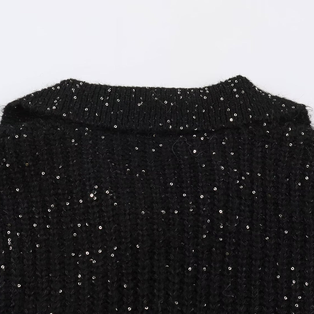 Damen Grobgestrickter Pullover mit weitem Reverskragen und Paillettenbesatz Nord Taschen