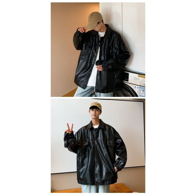 Herren Oversized PU-Leder-Shacket mit Pattentaschen und elastischen Bündchen Nord Taschen