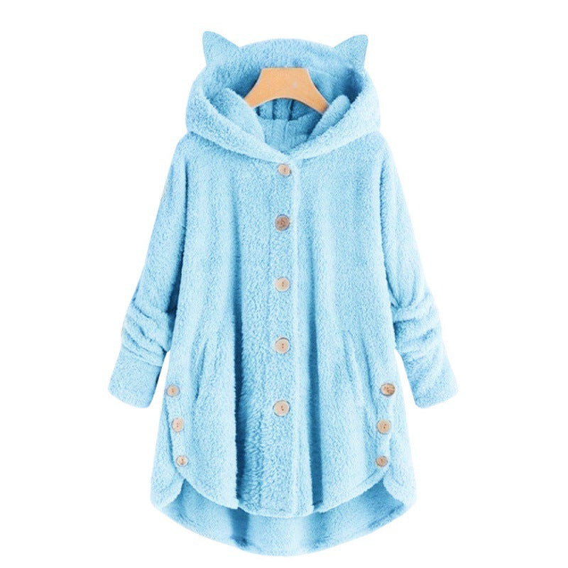 Damen Kapuzen-Teddy-Mantel mit Katzenohren, Knopfleiste und asymmetrischem Saum Nord Taschen