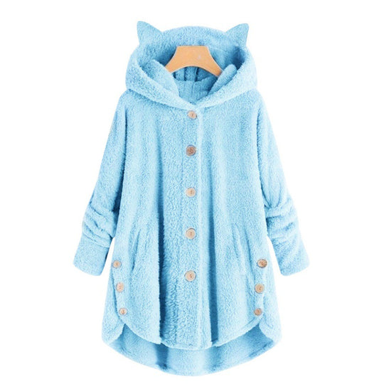 Damen Kapuzen-Teddy-Mantel mit Katzenohren, Knopfleiste und asymmetrischem Saum Nord Taschen
