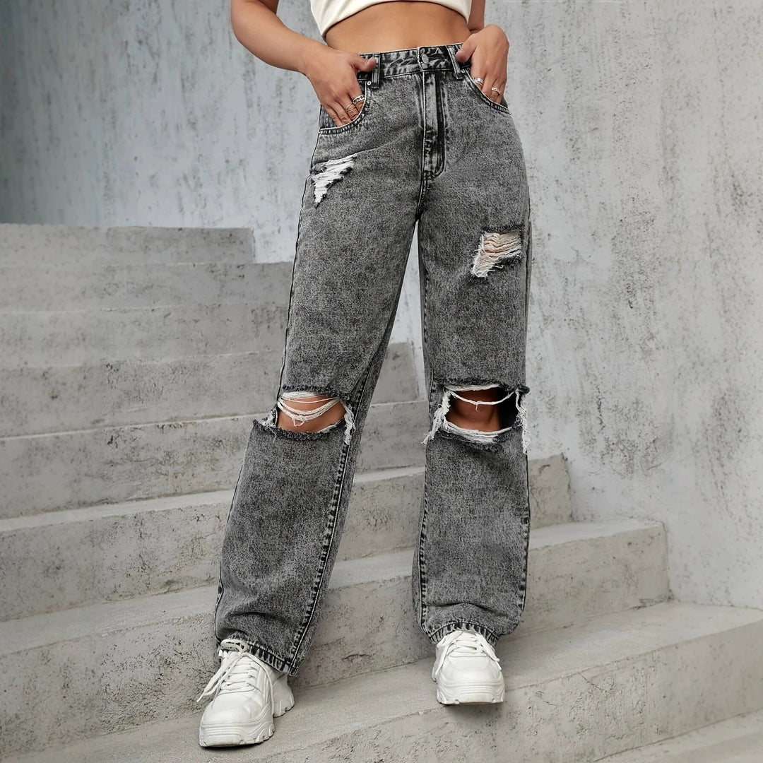 Damen High‑Waist Destroyed Wide‑Leg Jeans mit Knieauschnitten Nord Taschen