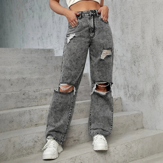 Damen High‑Waist Destroyed Wide‑Leg Jeans mit Knieauschnitten Nord Taschen
