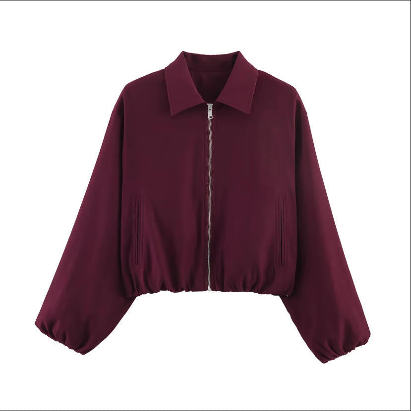 Damen Gekürzte Bomberjacke im Harrington‑Stil mit Ballonärmeln und elastischem Saum Nord Taschen