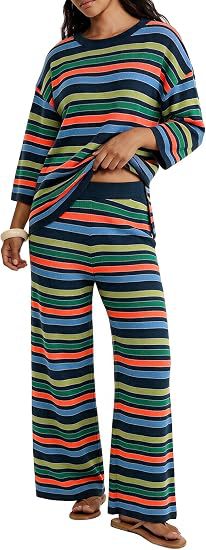 Damen Gestreiftes Lounge-Set aus leichtem Strick mit weitem Bein und 3/4-Ärmeln Nord Taschen