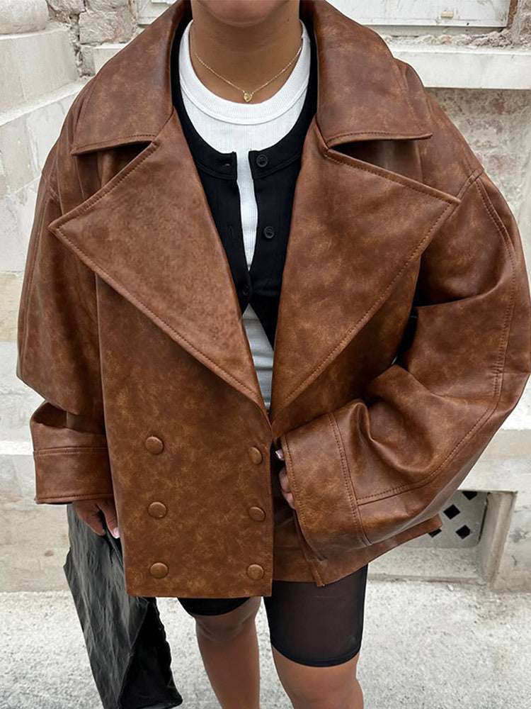 Damen Cropped-Boxy Lederimitat-Mantel mit übergroßem Revers und doppelreihiger Knopfleiste Nord Taschen