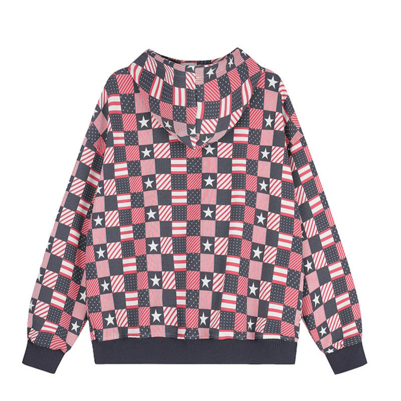 Damen Zip-Kapuzenjacke mit Allover-Patchwork-Sternen- und Streifenmuster Nord Taschen