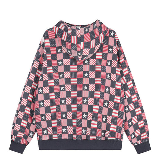 Damen Zip-Kapuzenjacke mit Allover-Patchwork-Sternen- und Streifenmuster Nord Taschen