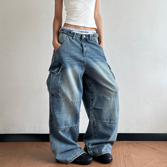 Damen Ultraweite Palazzodenim-Cargohose mit tiefem Schritt und übergroßen Klappentaschen Nord Taschen