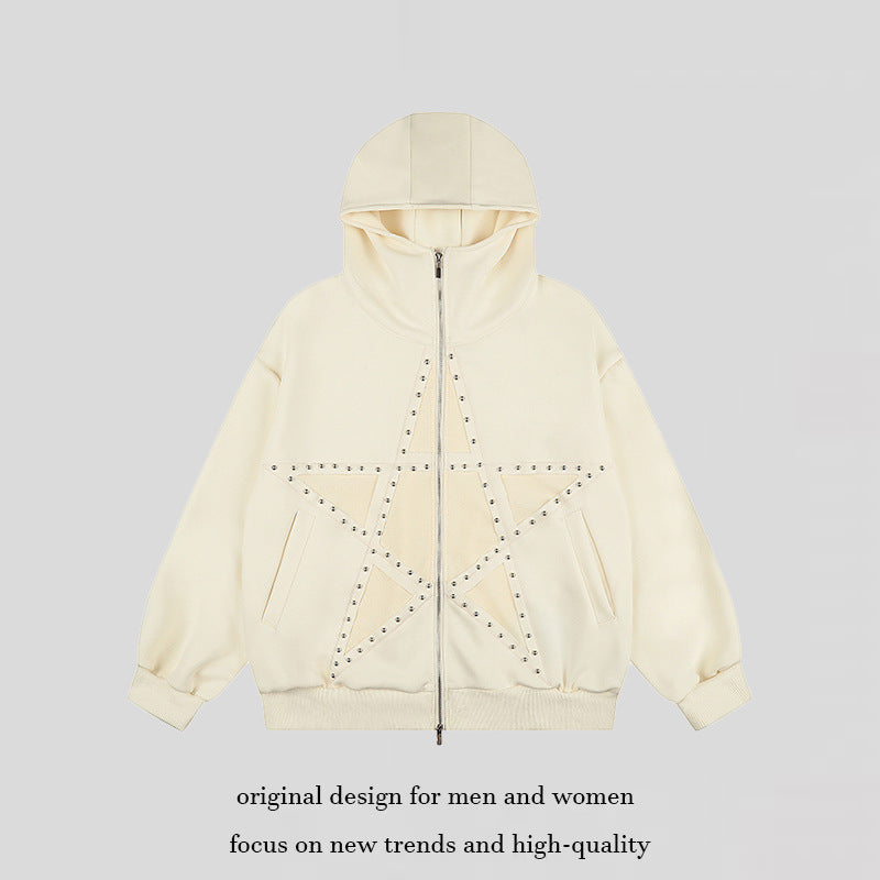 Damen Oversize Kapuzen-Zipjacke mit Nieten-Sternmotiv und hohem Kragen Nord Taschen