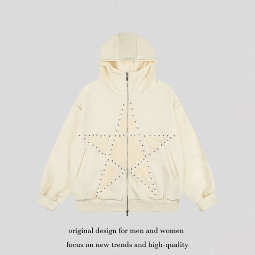 Damen Oversize Kapuzen-Zipjacke mit Nieten-Sternmotiv und hohem Kragen Nord Taschen