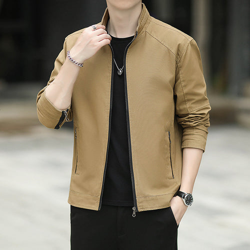 Herren Minimalistische Utility-Übergangsjacke aus Baumwoll-Canvas mit Stehkragen und Reißverschlusstaschen Nord Taschen