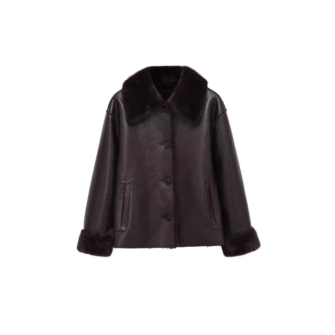 Damen Kastige Fauxleder-Jacke mit Kunstfellkragen, Lammfellimitat‑Futter und Knopfverschluss Nord Taschen