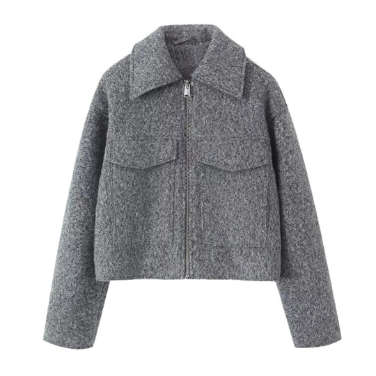 Damen Kurzjacke aus Bouclé-Wollmix mit Reißverschluss, Hemdkragen und Brustpattentaschen Nord Taschen