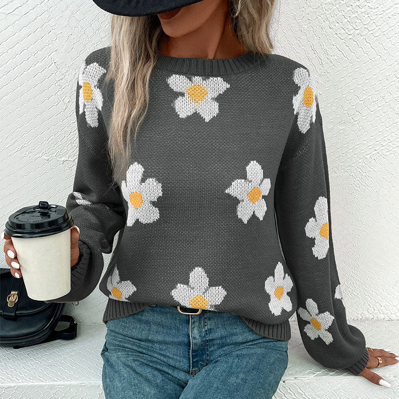 Damen Gemusterter Strickpullover mit Blumenmotiv Nord Taschen