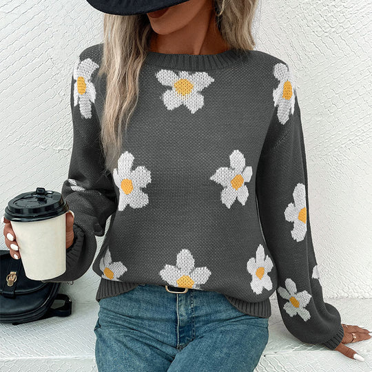 Damen Gemusterter Strickpullover mit Blumenmotiv Nord Taschen
