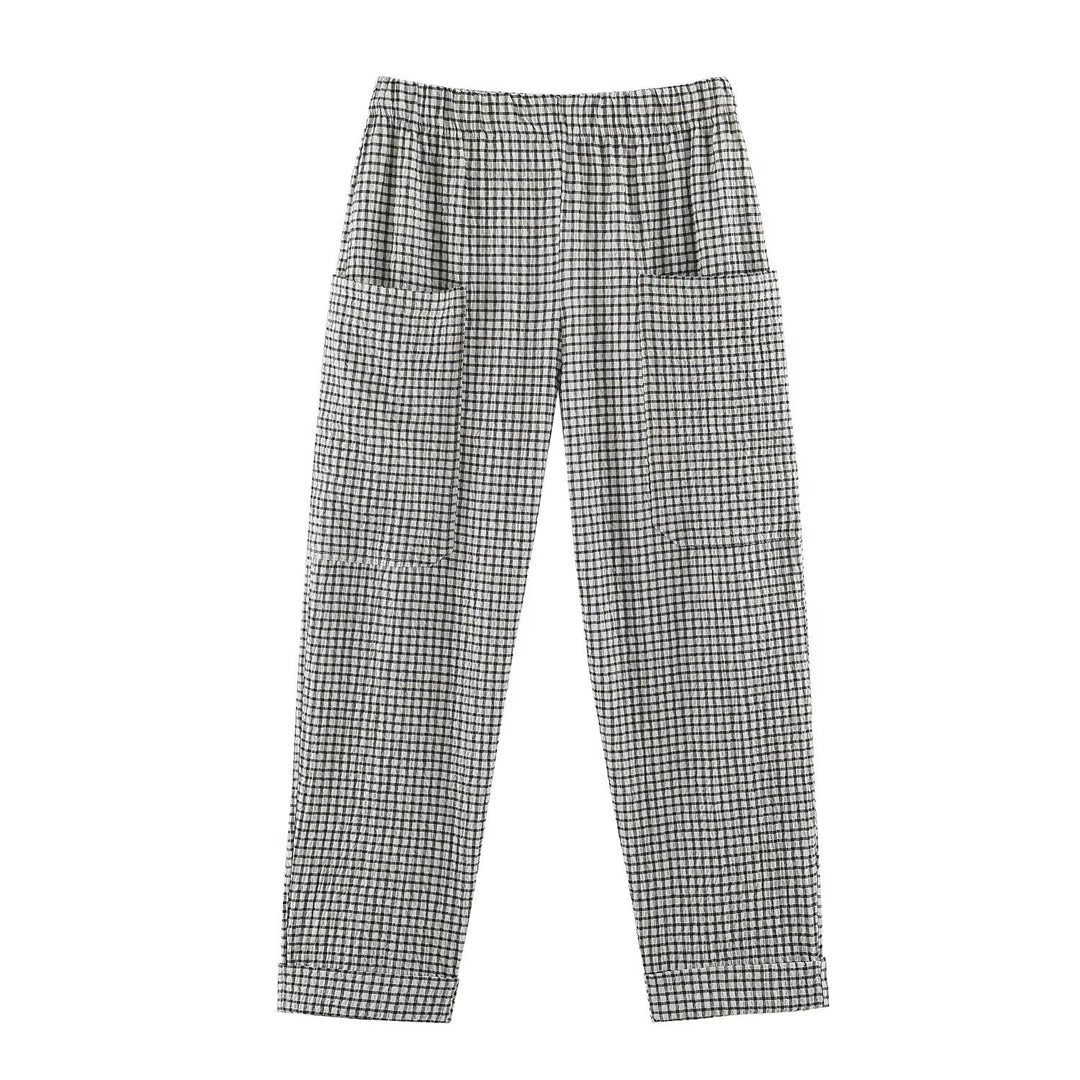 Damen Leichte karierte Seersucker-Hose mit Gummibund, aufgesetzten Taschen und schmal zulaufendem Bein Nord Taschen