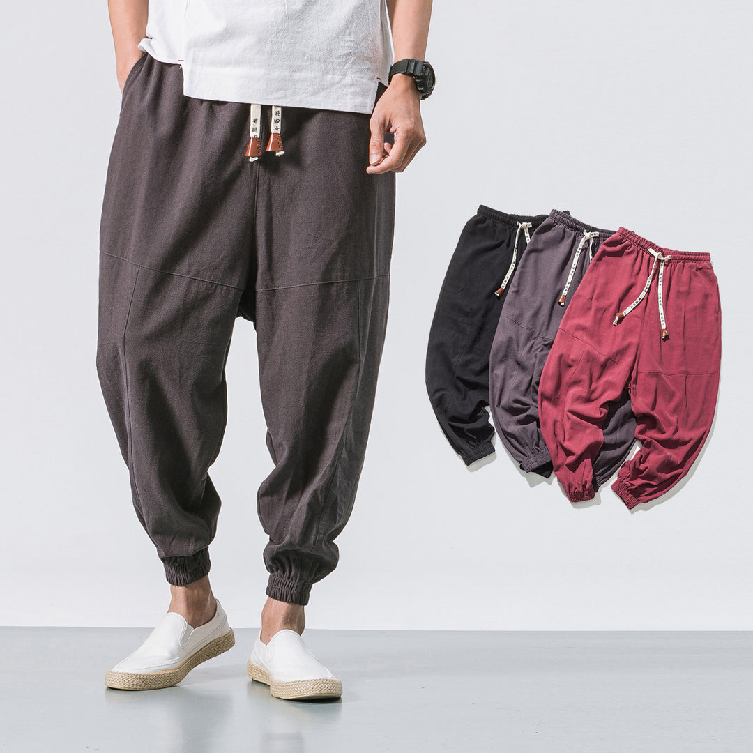 Herren relaxed Fit Leinen-Jogger mit Tunnelzug, eingesetzten Knieteilen und elastischen Bündchen Nord Taschen