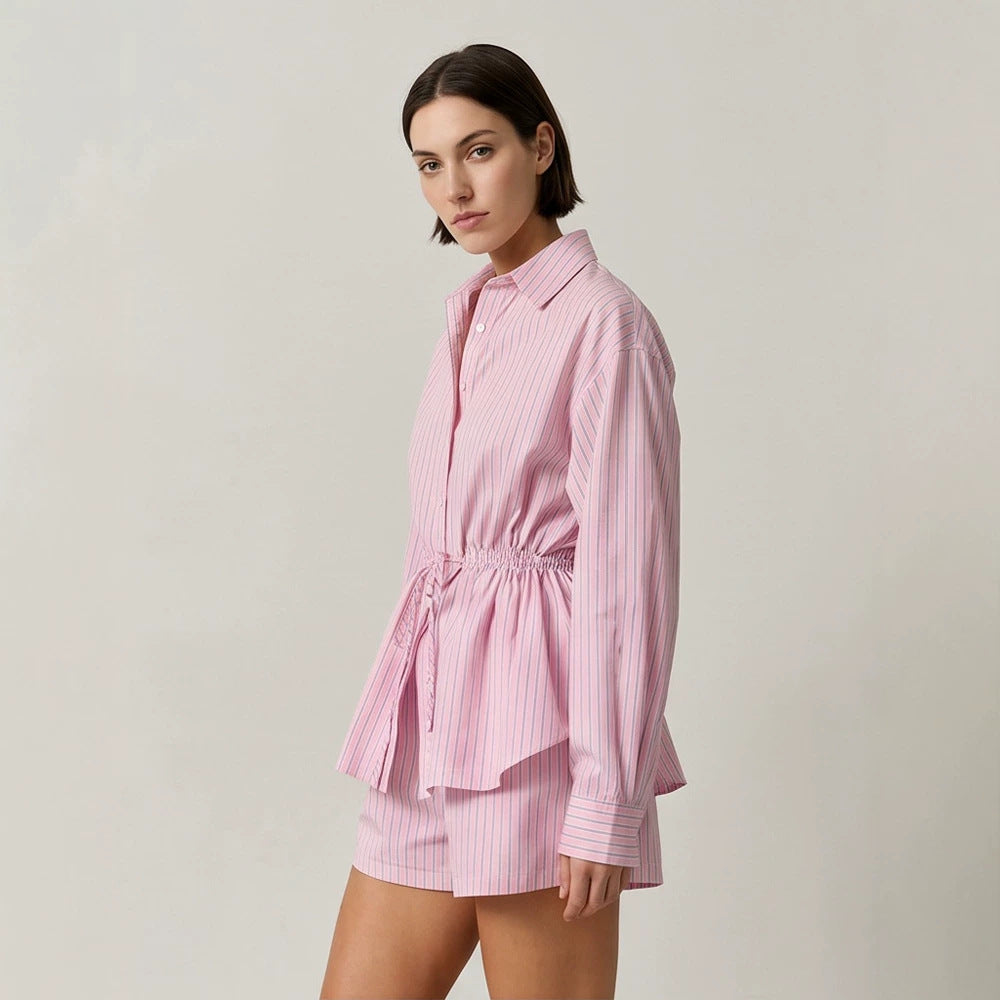Damen Gestreiftes Loungewear-Set aus Leichtbaumwolle mit Kordel-Taille & Shorts Nord Taschen