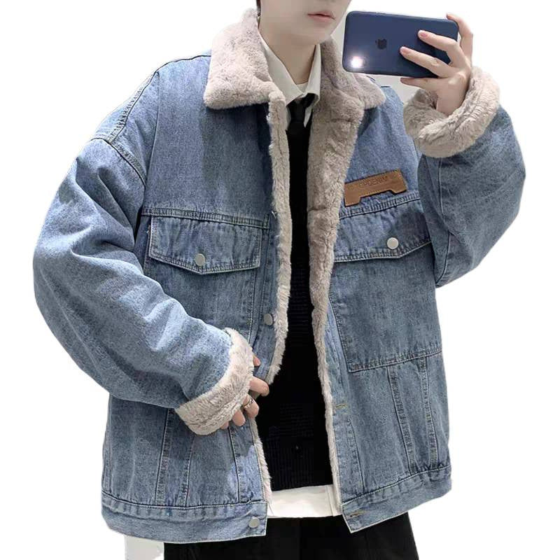 Herren Gefütterte Oversized Denimjacke mit Teddyfutter und Pattentaschen Nord Taschen