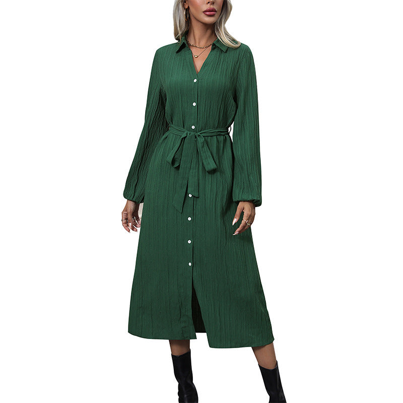 Damen Hemdblusenkleid aus Crinkle‑Viskose mit durchgehender Knopfleiste und Taillengürtel Nord Taschen