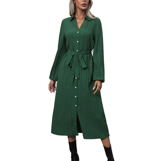 Damen Hemdblusenkleid aus Crinkle‑Viskose mit durchgehender Knopfleiste und Taillengürtel Nord Taschen