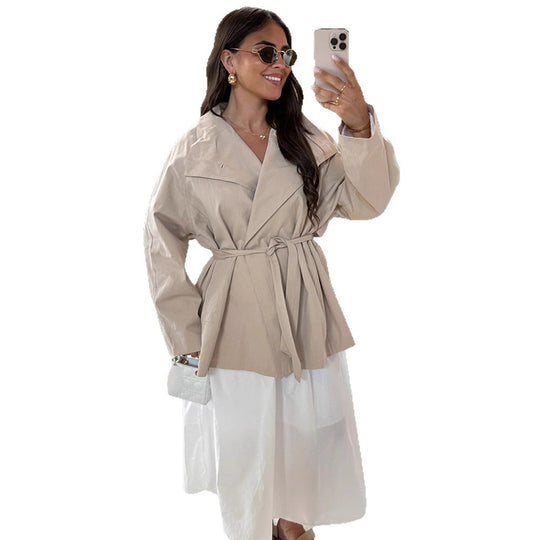 Damen Wickel-Kurzjacke mit Bindegürtel, überschnittener Schulter und kastiger Silhouette Nord Taschen