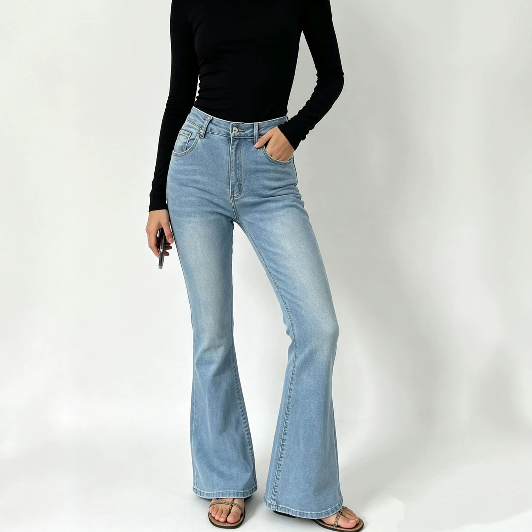 Damen hochgeschnittene Jeans mit schmaler Hüftpartie und weitem Schlag mit elastischem Bund Nord Taschen