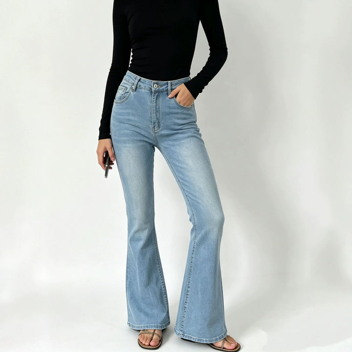 Damen hochgeschnittene Jeans mit schmaler Hüftpartie und weitem Schlag mit elastischem Bund Nord Taschen