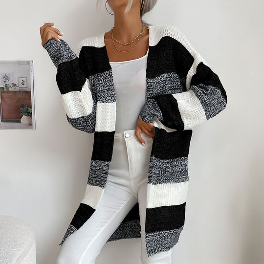 Damen Lässiger Strickmantel mit Streifen Nord Taschen