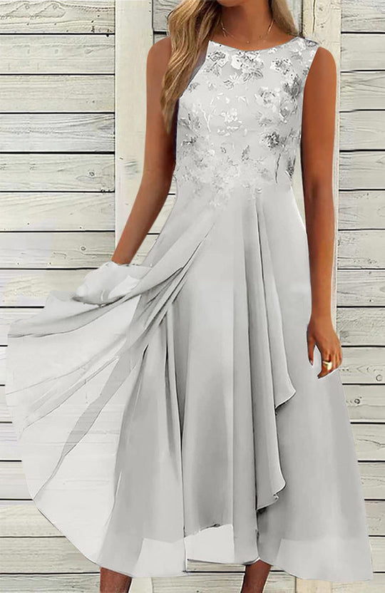 Damen nan ärmelloses Chiffon-Midikleid mit bestickter Brustpartie und asymmetrischem Lagenrock - Arvani