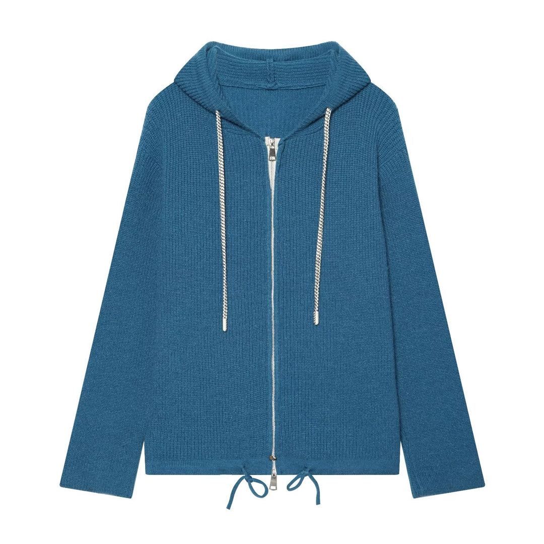 Damen Strickkapuzenjacke mit durchgehendem Reißverschluss, Rippenstruktur und Tunnelzug Nord Taschen