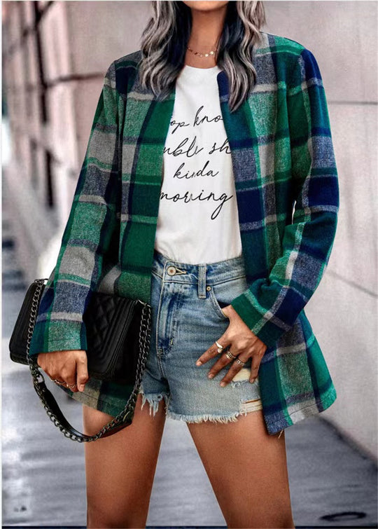 Damen Kariertes Longblazer‑Shacket ohne Kragen, offen geschnitten Nord Taschen
