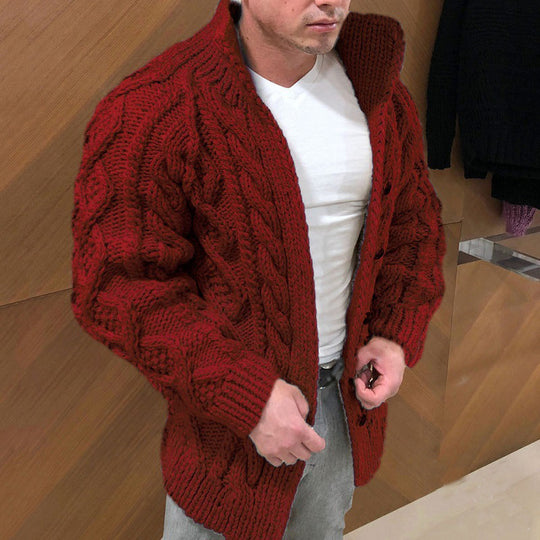 Herren Grober Zopfstrick-Cardigan mit hohem Stehkragen und Hornknöpfen Nord Taschen