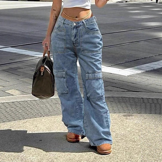 Damen Hochbundweite Cargo-Denimhose mit Utility-Taschen Nord Taschen