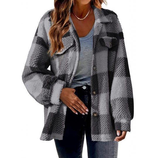 Damen Karierte Teddy‑Hemdjacke im Oversize‑Shacket‑Stil Nord Taschen