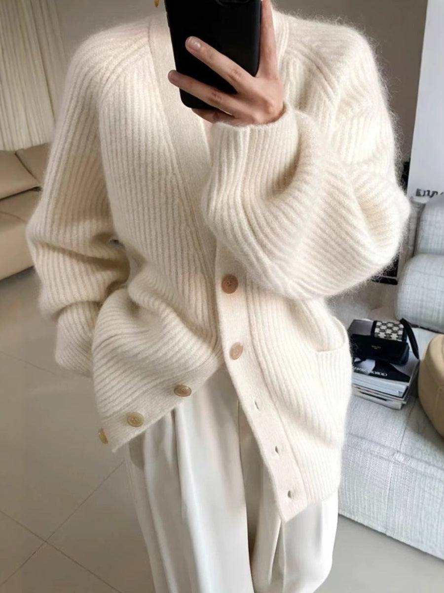 Damen Langer Oversize-Cardigan aus weichem Rippstrick mit Holzknopfleiste Nord Taschen