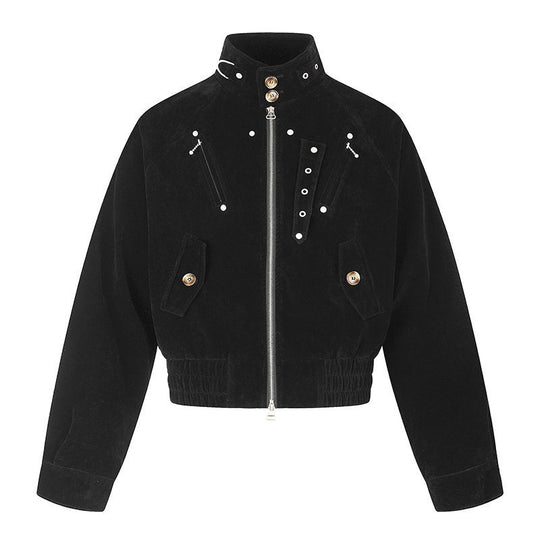 Damen kurze Wildleder‑Bomberjacke mit hohem Stehkragen und metallischen Details Nord Taschen
