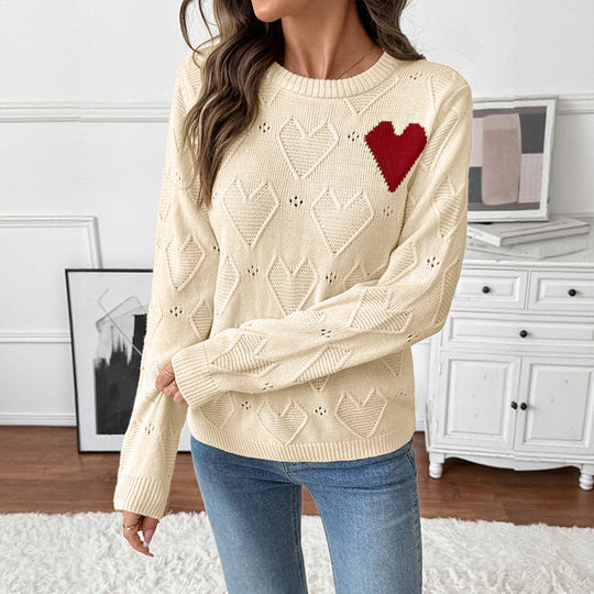 Damen Feinstrickpullover mit Ajour‑Herzmuster, appliziertem Zierherz und Rundhals Nord Taschen