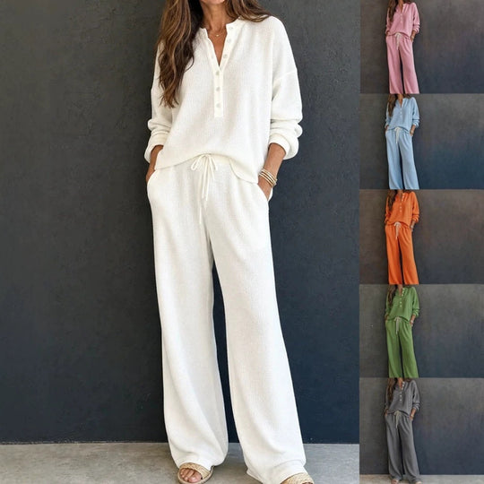 Damen Waffelstrick-Loungewear-Set mit Henley-Oberteil und weiter Kordelbundhose Nord Taschen