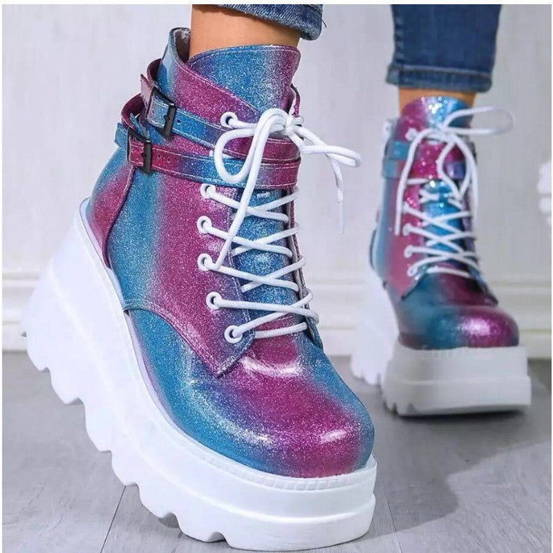 Damen Plateau-Stiefel mit modischem Schnallen-Design und praktischem Reißverschluss