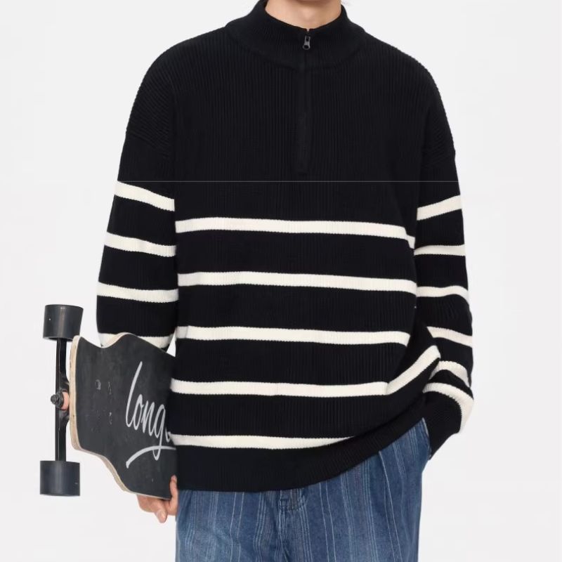 Unisex Oversize Strickpullover mit halbem Reißverschluss, maritimen Kontraststreifen und strukturierter Rippoptik Nord Taschen
