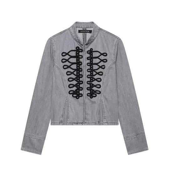 Damen Cropped Jeansjacke mit Mandarin‑Kragen und dekorativen Zierknoten Nord Taschen