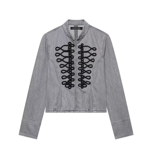 Damen Cropped Jeansjacke mit Mandarin‑Kragen und dekorativen Zierknoten Nord Taschen