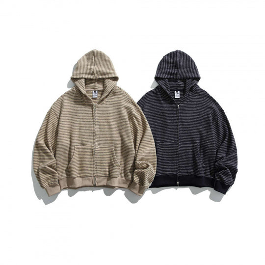 Unisex Boxy Kapuzen-Sweatjacke mit durchgehendem Reißverschluss, Streifenstruktur und geripptem Saum Nord Taschen